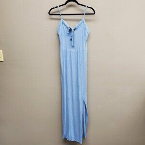 Belle Tweed Dress Womens Large Blue Maxi Spaghetti Strap Tie Front Slit Rayon